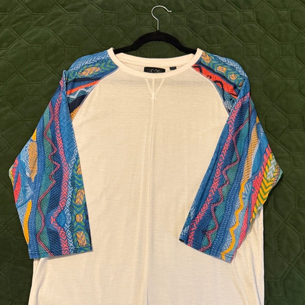 COOGI White Tee with Colorful Patterned Sleeves